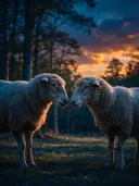 Schaap samen, een bosrand, een blauw-oranje schemering