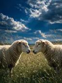 Schaap samen, een bloemenweide, een dramatische blauwe lucht