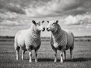 Schaap samen, een rustig weiland, een zacht bewolkte hemel, zwart-wit