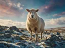 Schaap van onderaf, een rotsachtig hoogland, een dun laagje sneeuw