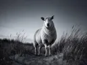 Schaap van onderaf, de duinen, een roze-paarse schemering, zwart-wit