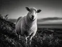 Schaap van onderaf, een varenhelling, een roze-paarse schemering, zwart-wit