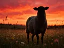 Schaap van onderaf, een bloemenweide, een silhouet tegen een vurige zonsondergang