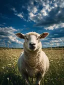 Schaap verrast, een bloemenweide, een dramatische blauwe lucht