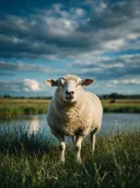 Schaap verrast, een weide bij het water, een zacht bewolkte hemel