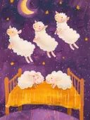 Schilderij van springende schaapjes boven een bedje, babykamer decoratie