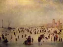 Schaatsscène van Hendrick Avercamp: landschap met schaatsers, ijs, winter en stad, in gedempt oker en grijs