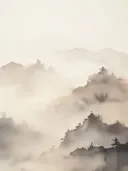 Waterverf schilderij van donkere bergtoppen met bomen in okerkleurige mist.
