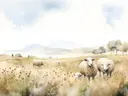 Aquarel van schapen grazend in een herfstveld met bergen