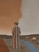 Schilderij van schapen op de heide in kaneel en duifgrijs