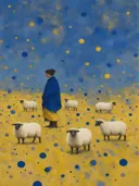 Schilderij van schapen op de heide in kobalt en saffraan, in vlakke kleurvlakken