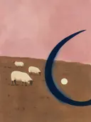 Schilderij van schapen op de heide in poederroze en bruin, in vlakke kleurvlakken