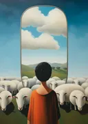 Figuur met schapen bij venster schilderij, surrealistisch tafereel