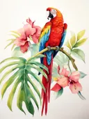 Rode ara papegaai op een tak tussen roze hibiscusbloemen en monsterablad.