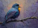 Schilderij van een rode vogel op een mosbegroeide tak