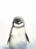 Aquarel illustratie van een babypinguïn met grote zwarte ogen op een lichte achtergrond.