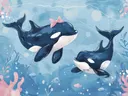 Twee schattige orka's onder water met visjes