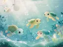 Vier schattige zeeschildpadden onder water