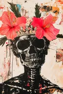 Schilderij van een zwarte schedel met kroon en roze hibiscusbloemen aan weerszijden