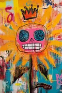 Schilderij van een roze schedel met kroon tegen een oranje stralenkrans achtergrond