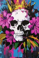 Schilderij van een schedel met kroon omringd door roze pioenrozen en graffiti-tags