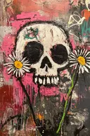 Schilderij van een schedel met madeliefjes in de oogkassen op roze-zwarte achtergrond