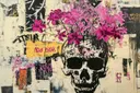 Schedel met roze bloemen als haartooi op crèmekleurige graffiti muur