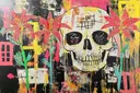 Grote schedel tussen felrode lelies op geel-roze graffiti achtergrond