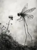Surrealistisch zwart-wit schilderij van een libelleachtig wezen met schedelkoppen naast een bloem met een schedel