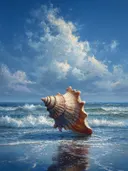 Stilleven schilderij van een schelp aan de vloedlijn met golven