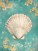 Witte waaierschelp omringd door gouden kersenbloesemtakken op een turquoise achtergrond