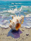 Surrealistisch schilderij van een schelp met muzieknoten in het zand