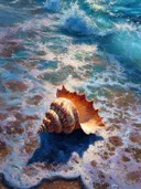 Stilleven schilderij van een schelp op nat zand met golven