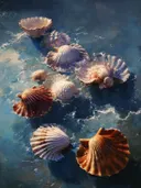 Stilleven schilderij van schelpen drijvend op blauw water