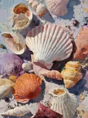 Stilleven schilderij van roze, witte en oranje schelpen