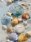 Stilleven schilderij van blauwe en turkooizen schelpen