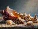 Schilderij van schelpen onder een donkere onweerslucht
