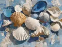 Schilderij van schelpen op een blauwe mozaïekachtige achtergrond
