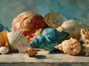 Schilderij van schelpen op een turquoise ondergrond