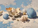 Schilderij van schelpen op verweerd blauw-wit hout