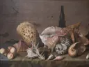 Schelpen met perziken en een zwarte vaas van Balthasar van der Ast: stilleven met schelpen en fruit op een stenen richel, in gedempt roze en grijs
