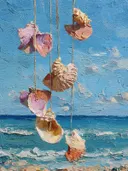 Schilderij van een schelpen windgong met de zee op de achtergrond