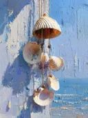 Close-up schilderij van een schelpen windgong tegen een blauwe muur