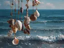 Schilderij van een schelpenketting boven de golven