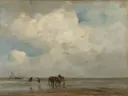 Schelpenvissen van Jacob Maris: zee met strand, paarden, kar en wolken, in licht grijsblauw