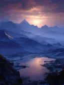 Schilderij van een bergmeer met spiegelend zonsonderganglicht