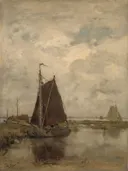 Schepen bij grauw weer van Jacob Maris: zee met zeilschip, water, wolken en grijs weer, in gedempt grijsbruin
