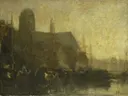 Schepen in de haven van Dordrecht van Jacob Maris: stad met Dordrecht, kerk, schepen en water, in goudgeel en grijs