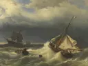 Schepen op zee bij stormachtig weer van Louis Meijer: zee met open water