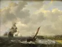 Schepen voor de kust bij Den Helder van Ludolf Bakhuizen: zee met zee, schepen, golven en wolken, in grijs en wit